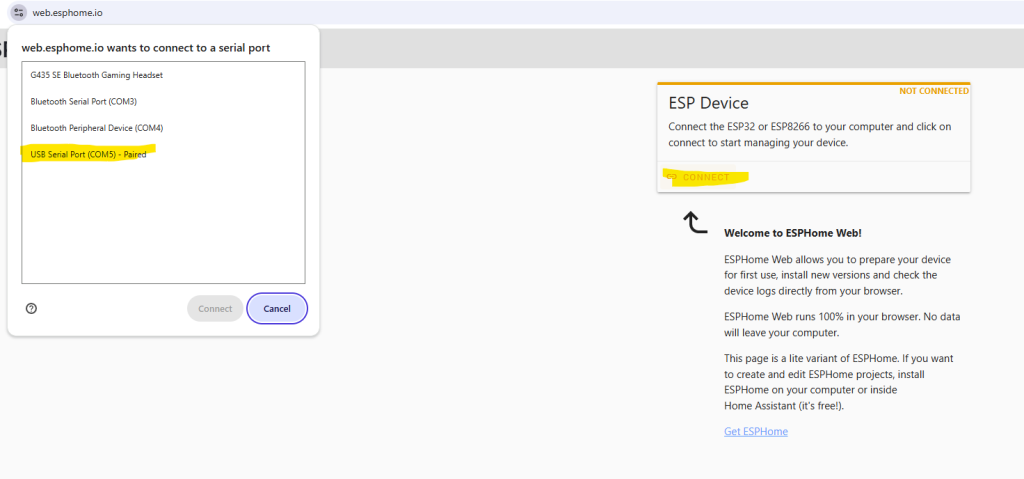esphome com port selection