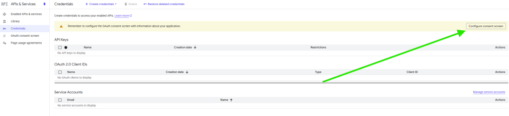 Configure consent screen button top right