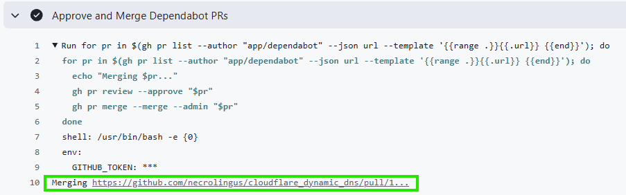 Github Action output showing that 1 PR was merged
