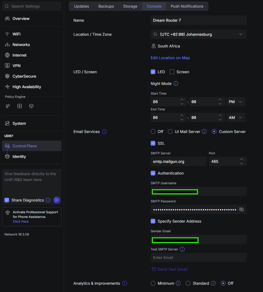 Ubiquiti UDR Control plane console email services