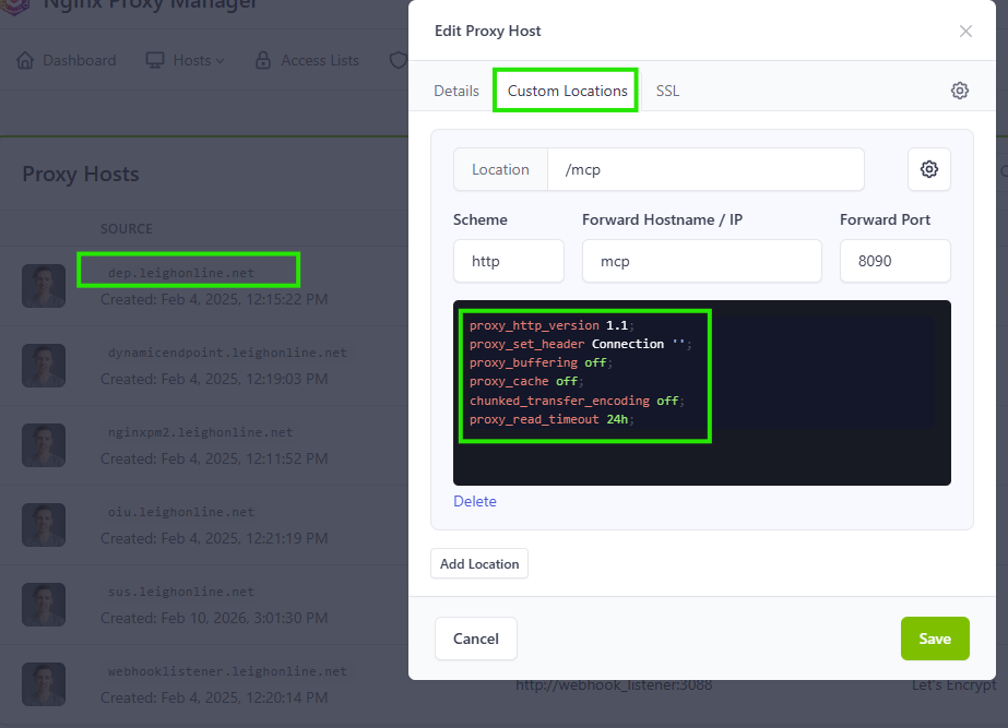 nginx proxy manager proxy host custom location mcp